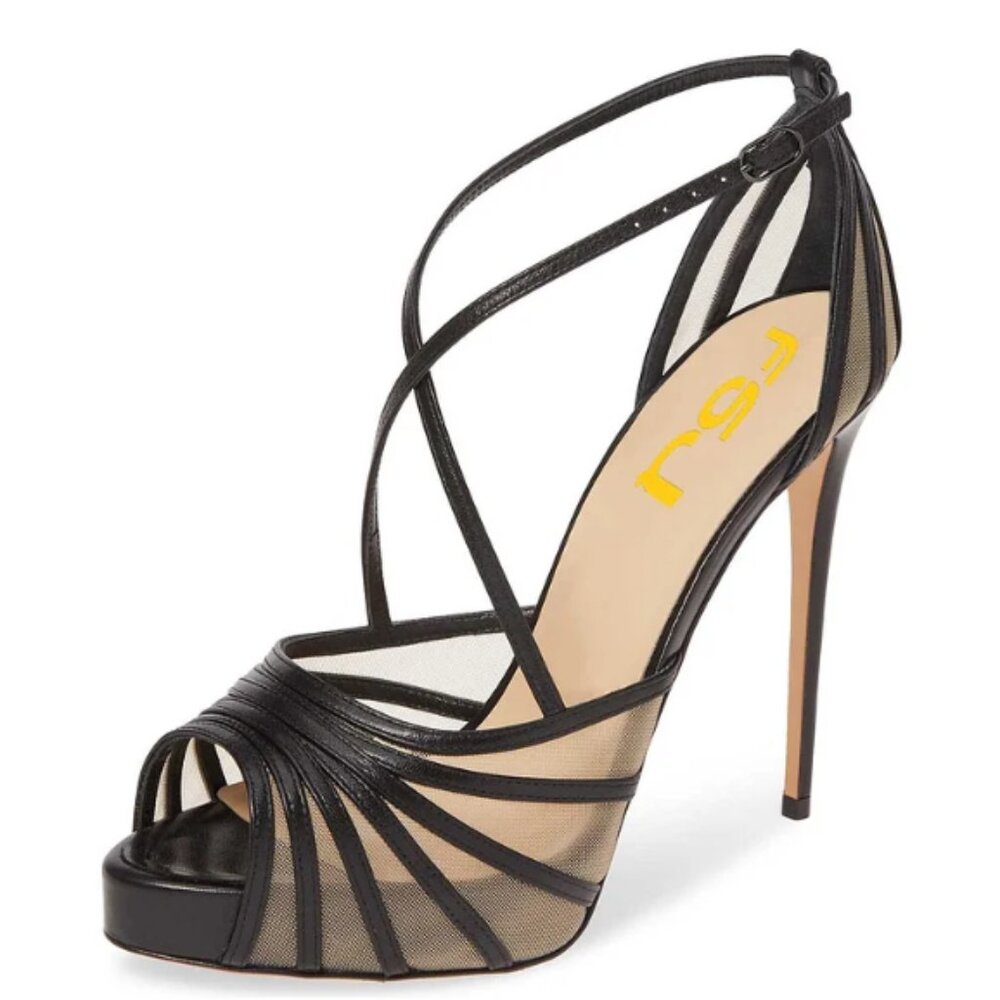 FSJ Women's Black Mesh Peep Toe Platform Heels Strappy Stiletto Sandals